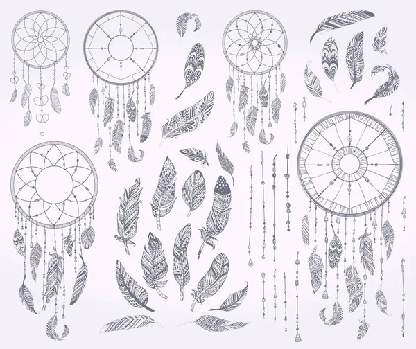 Inkt Doodle Droom Catchers Vintage Dreamcatcher Collectie Native American Aztec — Stockvector