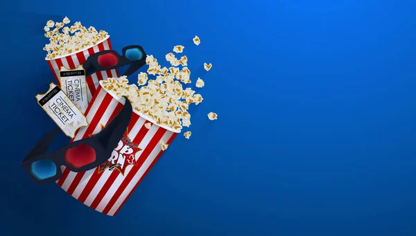 Sada Popcorn Brýle Pásky Kinematografie Vstupenka Kina Kreslenou Vektorové Ilustrace — Stockový vektor