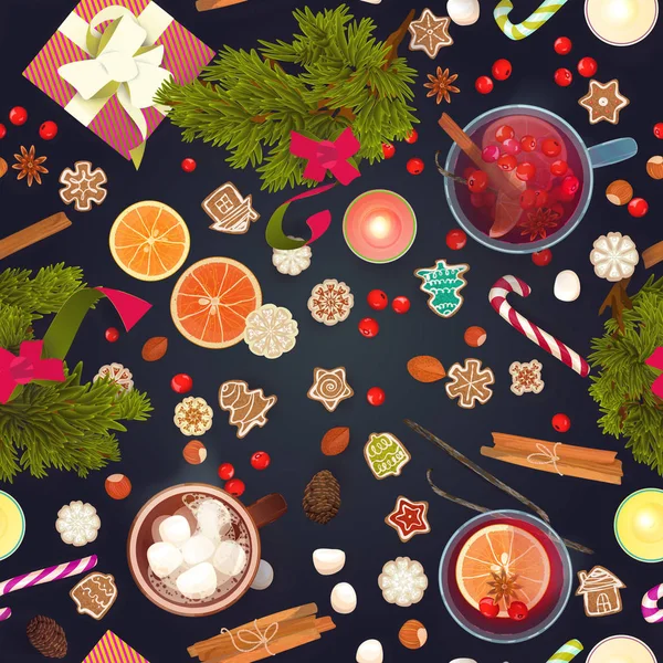 圣诞快乐 庆典厨师 温热酒 姜饼饼干 热巧克力与棉花糖顶部视图 手绘平面设计矢量插图 — 图库矢量图片