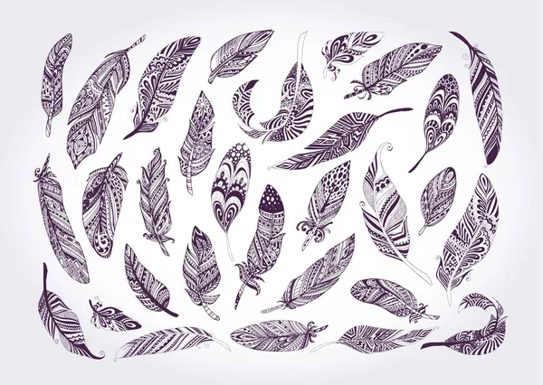部落的羽毛集 族裔收藏 孤立于白色 手绘设计 矢量插画 波西米亚风格 — 图库矢量图片