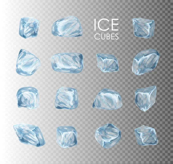 Cubos Hielo Conjunto Realista Ilustración Vectorial Colección Hielo Azul Fondo — Vector de stock