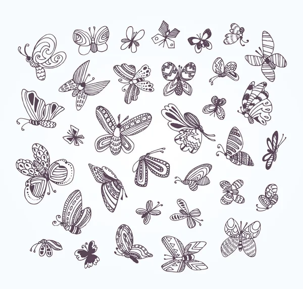 Czarno Biały Zestaw Ładny Motyli Doodle Kolekcji Dla Kolorowanki Książki — Wektor stockowy