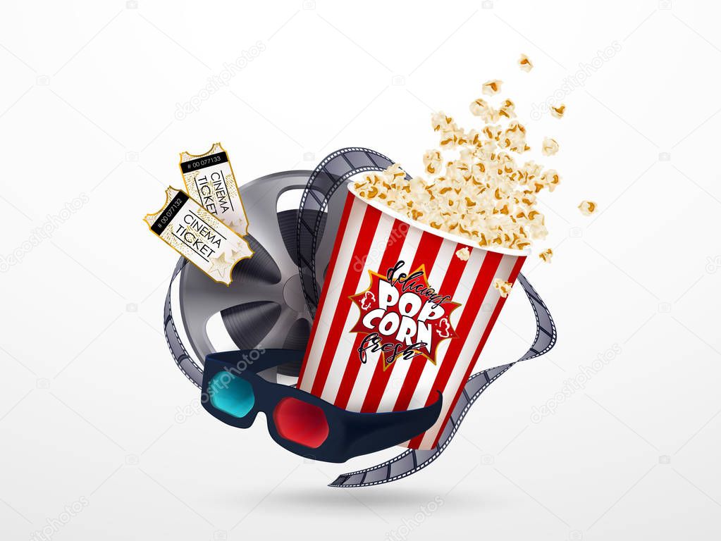 Set of popcorn, 3d glasses, cinematography tape, cinema ticket. Drawn vector illustration, realistic cinematography design, white background, art for online cinema, movie, film, theater