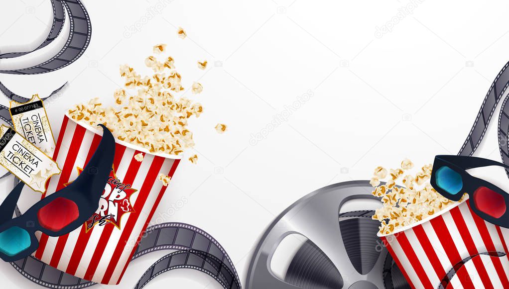 Set of popcorn, 3d glasses, cinematography tape, cinema ticket. Drawn vector illustration, realistic cinematography design, vintage colorful background, art for online cinema, movie, film, theater