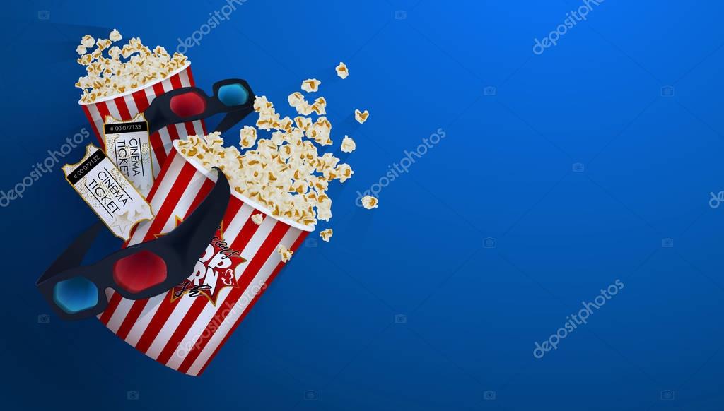 Set of popcorn, 3d glasses, cinematography tape, cinema ticket. Drawn vector illustration, realistic cinematography design, vintage colorful background, art for online cinema, movie, film, theater