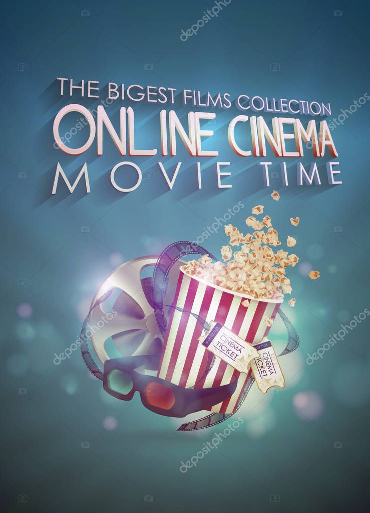 Set of popcorn, 3d glasses, cinematography tape, cinema ticket. Drawn vector illustration, realistic cinematography design, vintage colorful background, art for online cinema, movie, film, theater