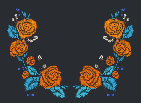 Урожайний Візерунок Троянда Листя Квітка Гілка Ізольовані Тлі Імітація Вишивки — стоковий вектор