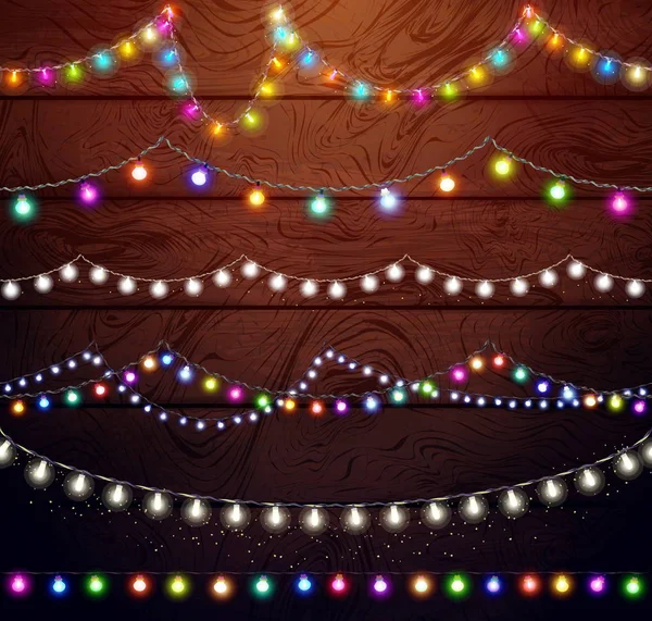 Set Luces Navideñas Guirnaldas Colores Diseño Año Nuevo Decoraciones Festivas — Vector de stock
