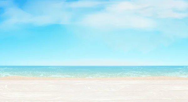 Weißer Sand Blaues Meer Himmel Wolken Sonnenlicht Weiße Holzbretter Sommerdesign — Stockvektor