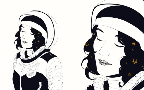 Space Dziewczyna Gwiazd Kobieta Astronautów Zamyślony Obrazu Marzy Grafika Liniowa — Wektor stockowy