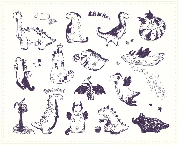 Funny Cartoon Dragon Set Dinosaurs Ink Sketches Collection Doodle Fantastic Royalty Free Stock Illustrations