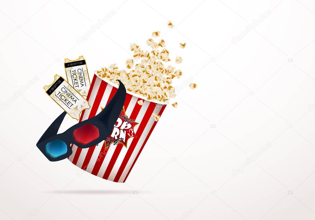 Set of popcorn, 3d glasses, cinematography tape, cinema ticket. Drawn vector illustration, realistic cinematography design, vintage colorful background, art for online cinema, movie, film, theater