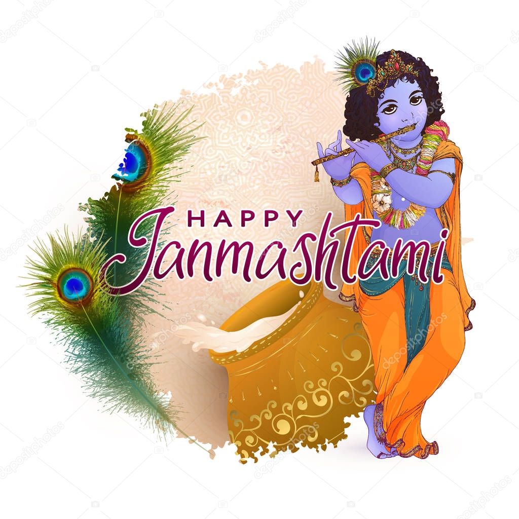 Happy Janmashtami Indian fest decoration background. Celebration of birth of Lord Krishna. Template for flyer, logo, banner, greeting cards. Hand drawn Vector illustration of Dahi Handi on Janmashtami