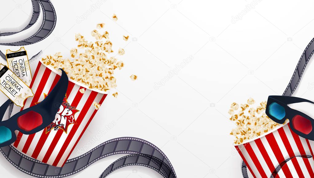Set of popcorn, 3d glasses, cinematography tape, cinema ticket. Drawn vector illustration, realistic cinematography design, vintage colorful background, art for online cinema, movie, film, theater