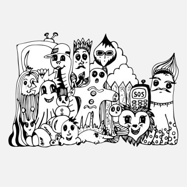 Canavarlar bir demet. Bir vektör çizim, bir çizgi film, bir doodle