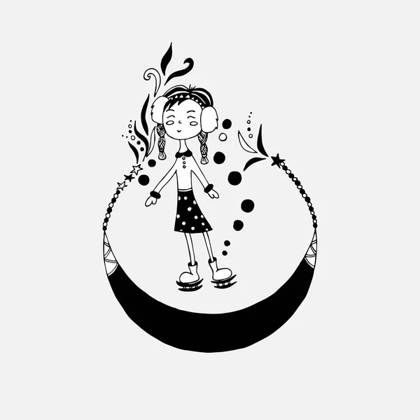 Paten bir kız. Bir vektör, karikatür, elle çizilmiş bir doodle. Siyah beyaz