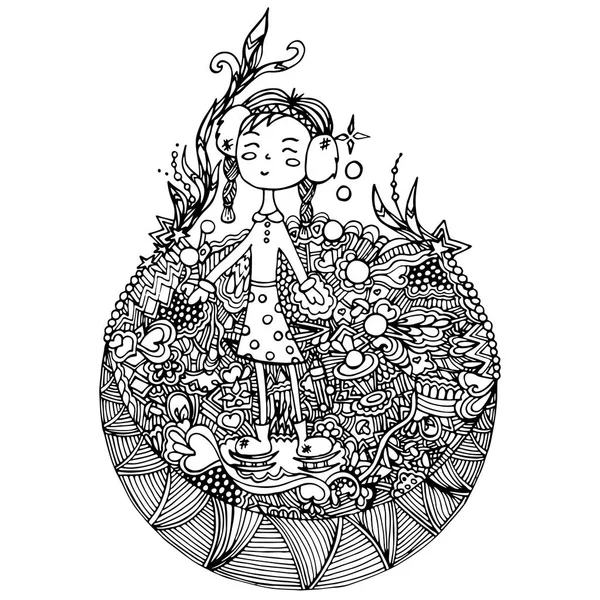 Paten bir kız. Bir vektör, karikatür, elle çizilmiş bir doodle. Siyah beyaz