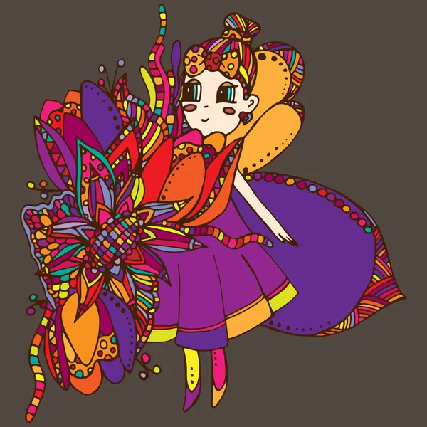 Девушка Крыльями Букет Цветов Лапша Нарисованная Вручную — стоковый вектор