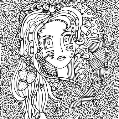 Kadının yüzüne, doodle, Mozaik. Vektör çizim, psychedelic desen, siyah anahat