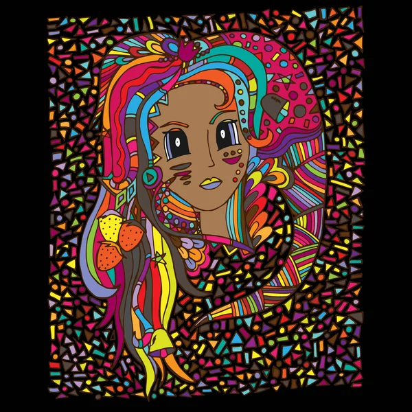 Kadının yüzüne, doodle, Mozaik. Vektör çizim, psychedelic desen