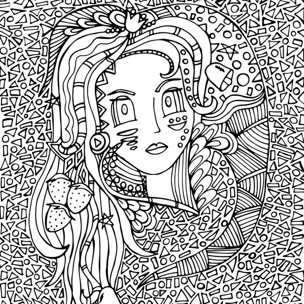 Frauengesicht Kritzelei Mosaik Vektorillustration Psychedelisches Muster Schwarze Umrisse — Stockvektor