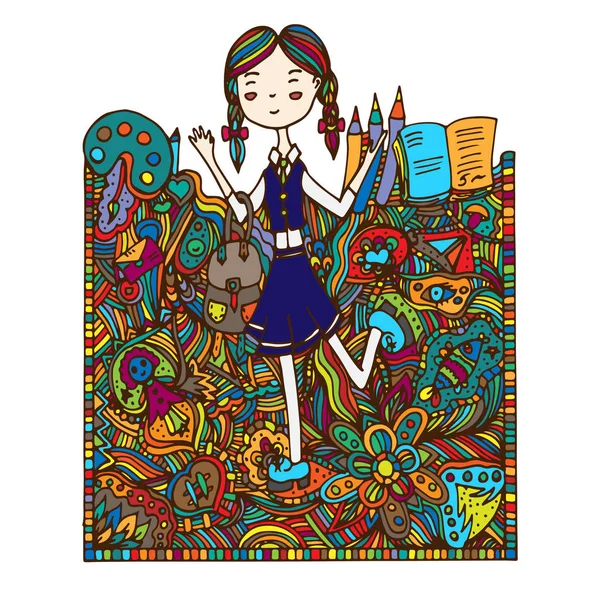 Kız öğrenci. Vektorovaya illüstrasyon, elle çizilmiş doodle