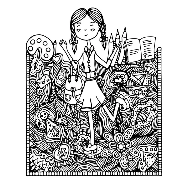 Kız öğrenci. Vektorovaya illüstrasyon, elle çizilmiş doodle