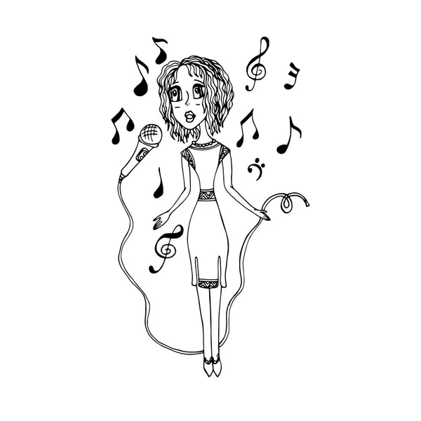 Una Chica Canta Micrófono Vector Una Caricatura Boceto Dibujado Mano — Vector de stock