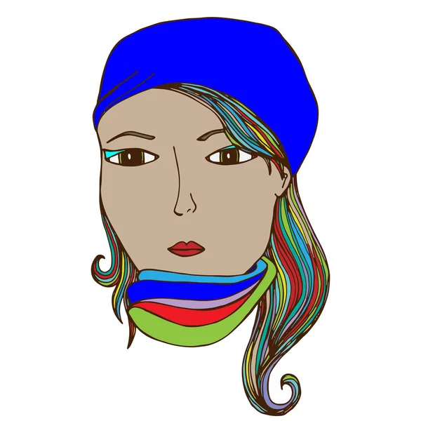 Visage Une Fille Aux Cheveux Colorés Vecteur Une Caricature Croquis — Image vectorielle