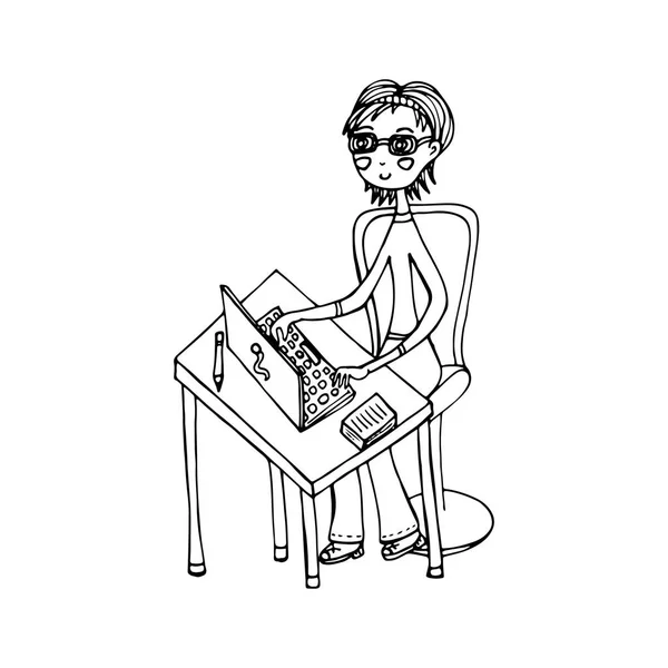 Bilgisayar başında bir kız. Bir vektör, çizgi film, el ile çizilmiş bir kroki boyalı