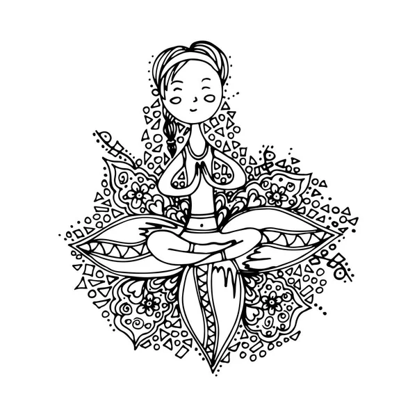 Yoga, lotus poz yaparken kız. Doodle, çocuk, boyalı, çizilmiş vektör çizim