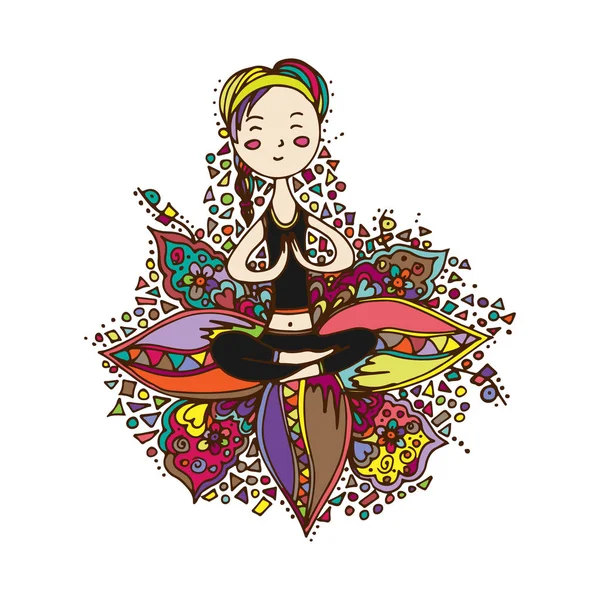 Chica Haciendo Yoga Pose Loto Ilustración Vectorial Garabato Niño Pintado — Vector de stock