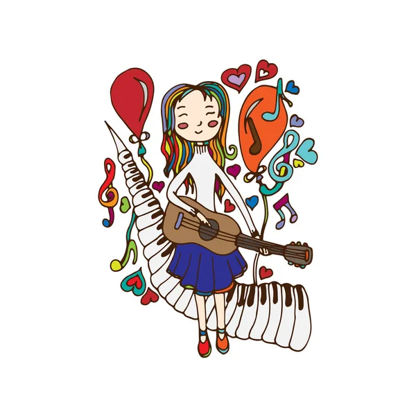 Kız gitar çalmak. Bir vektör, karikatür, elle çizilmiş bir doodle