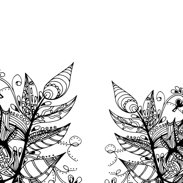 Federn Und Blätter Karte Abstrakt Doodle Von Hand Gezeichnet — Stockvektor