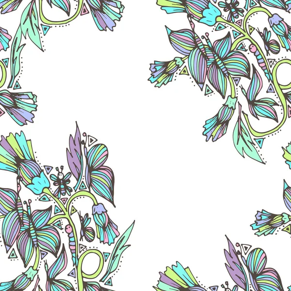 Bahar alan böcekler kelebekler, çiçekler. Vektör çizim, doodle, seamless modeli çizilmiş,