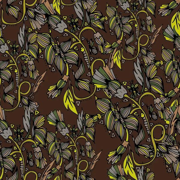 Bahar alan böcekler kelebekler, çiçekler. Vektör çizim, doodle, seamless modeli çizilmiş,