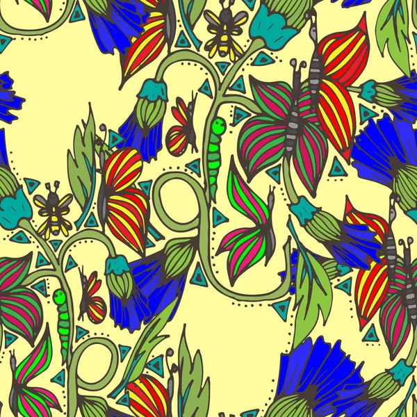Bahar alan böcekler kelebekler, çiçekler. Vektör çizim, doodle, seamless modeli çizilmiş,