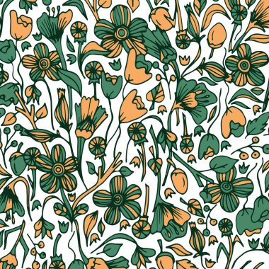 Bahar alan çiçekler. Vektör, illüstrasyon, doodle, elle çizilmiş desen