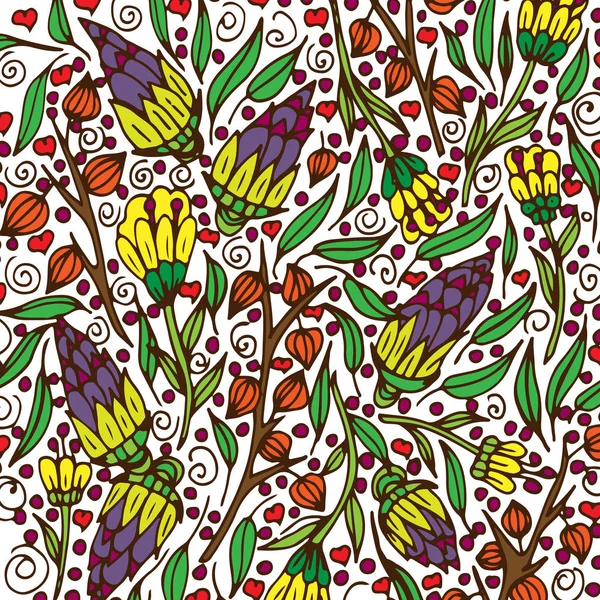 Spring Field Flowers Vector Ilustrasi Corat Coret Pola Gambar Tangan - Stok Vektor