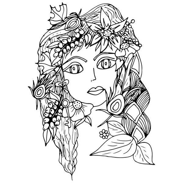Πρόσωπο Του Κοριτσιού Μούρα Λουλούδια Φτερά Παγωνιού Εικονογράφηση Διάνυσμα Ψυχεδελικό — Διανυσματικό Αρχείο