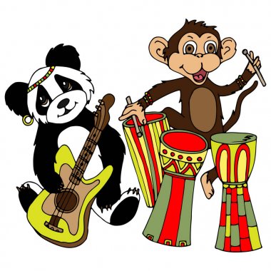 Bir gitar ve Afrika davul bir maymunla bir Panda. Bir vektör çizim, el ile çizilmiş kroki