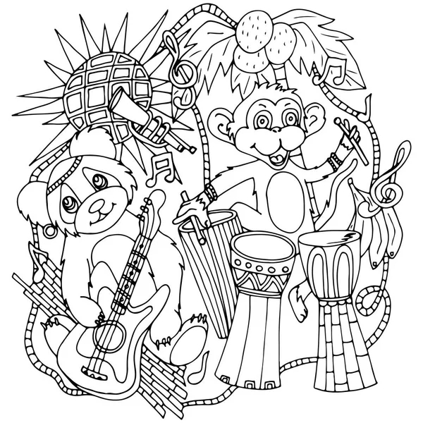 Bir gitar ve Afrika davul bir maymunla bir Panda. Bir vektör çizim, el ile çizilmiş kroki