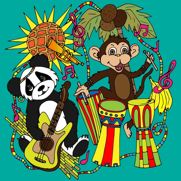 Панда Гітарою Мавпи Африканських Барабанів Векторні Ілюстрації Ескізу Виконаного Вручну — стоковий вектор