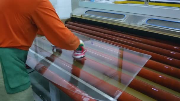İşçi cam çarşafı taşıyıcıya koyuyor. Çamaşır makinesi fabrikada.. — Stok video