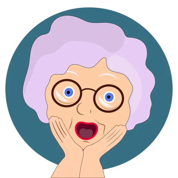 Flat icon, emotion will be scared . Granny with glasses and a scared face. Emotions of an old woman. Blue circle.