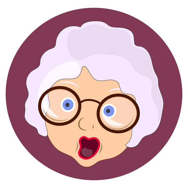 Flat icon, emotion will be scared . Granny with glasses and a scared face. Emotions of an old woman. Blue circle.