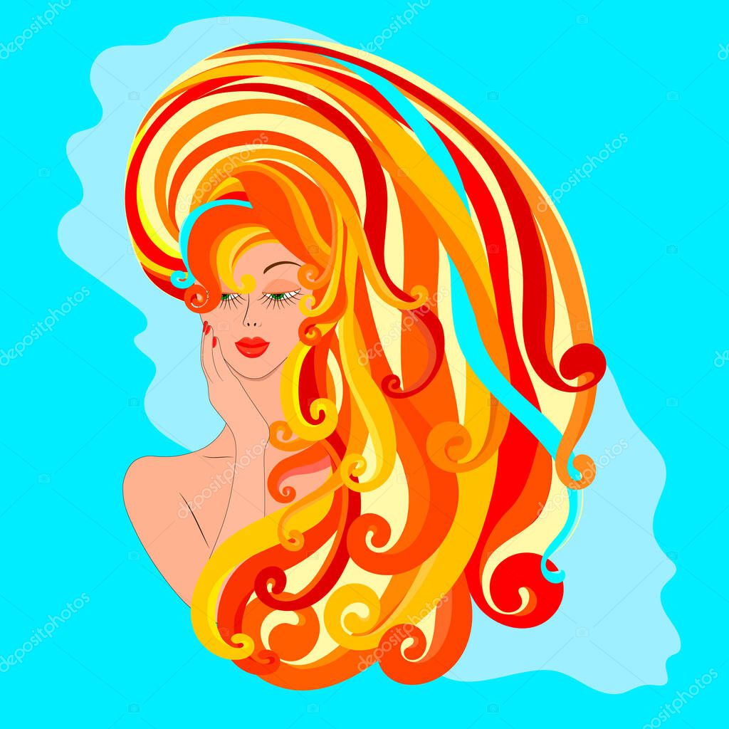 Flat Drawing Of A Girls Face With Long Hair Beautiful Hairstyle With Red Curls On A Blue Background Premium Vector In Adobe Illustrator Ai Ai Format Encapsulated Postscript Eps Eps Format