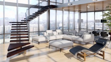 modern parlak iç mekan 3D resimleme