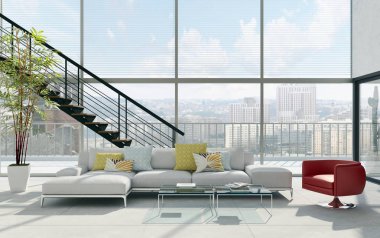 modern parlak iç mekan 3D resimleme