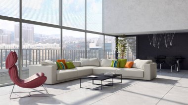 modern parlak iç mekan 3D resimleme